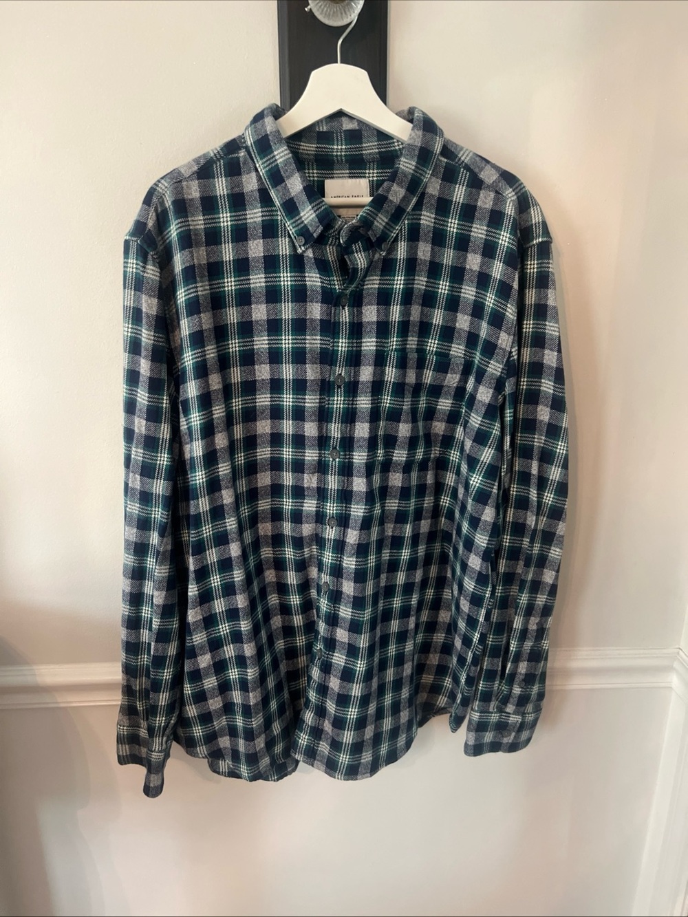 American Eagle Outfitters Navy, Green & White Plaid Button-Down Shirt